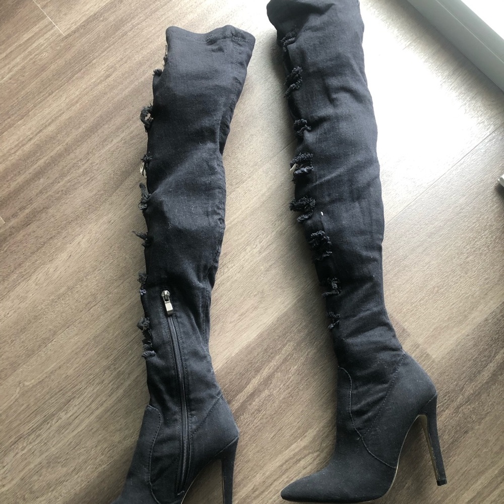 Black Denim Over Knee Heel Boots
